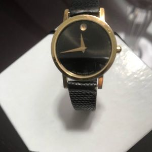 Vintage Movado Museum Gold Dial Quartz Classic Black Leather Band Watch